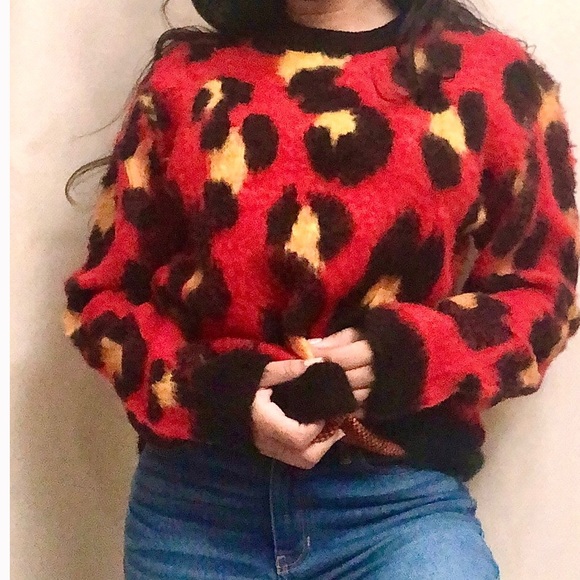 NWOT Urban Outfitters Wool Brushed Red, Multi Leopard Fuzzy Sweater, New - Picture 2 of 11